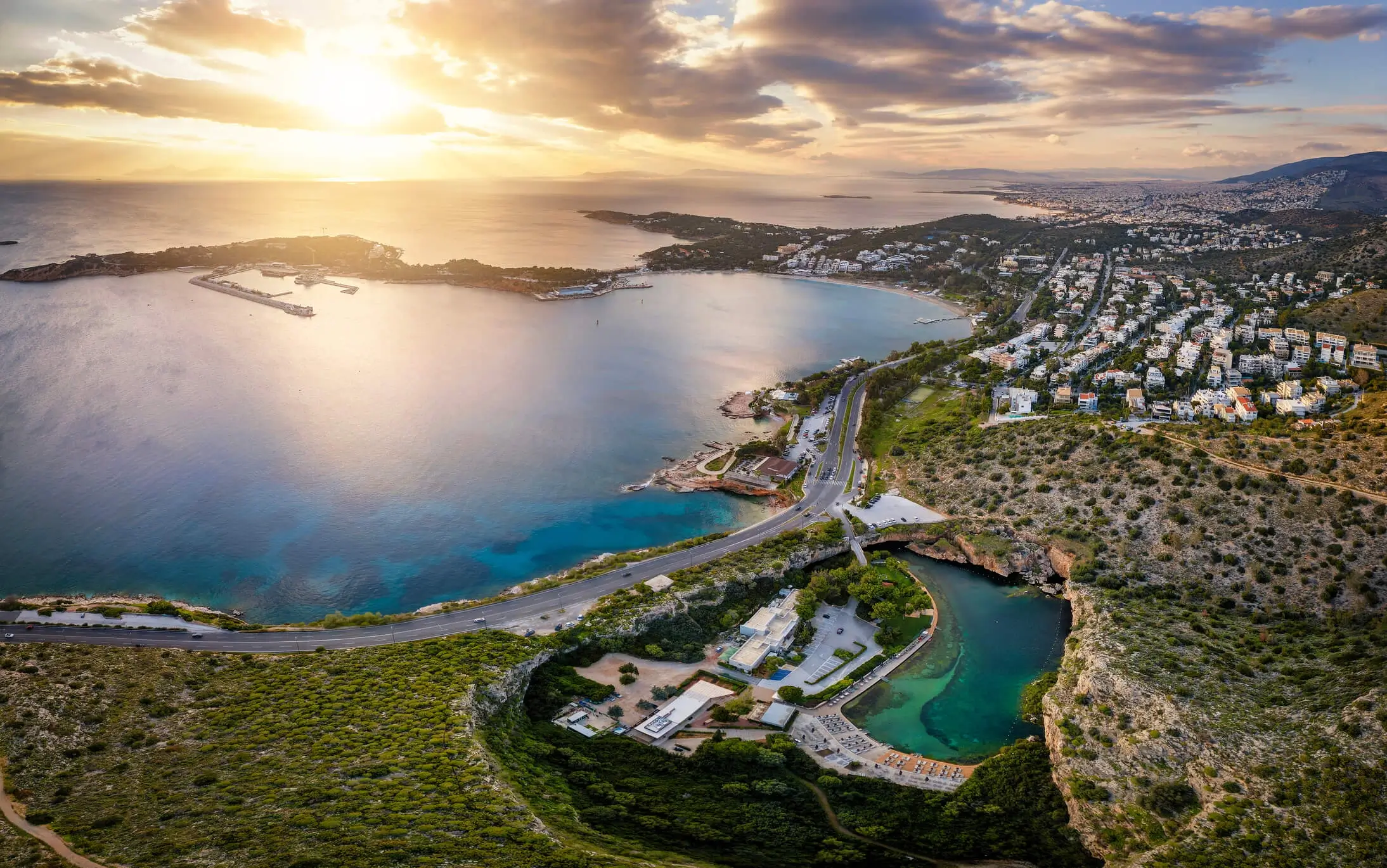 Skyline view of Vouliagmeni and Athens Riviera in sunset